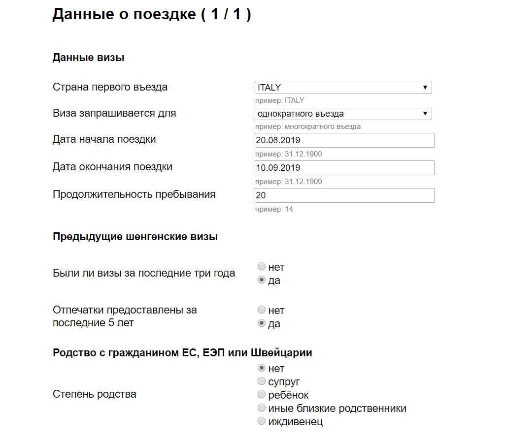 Анкета на визу в италию образец